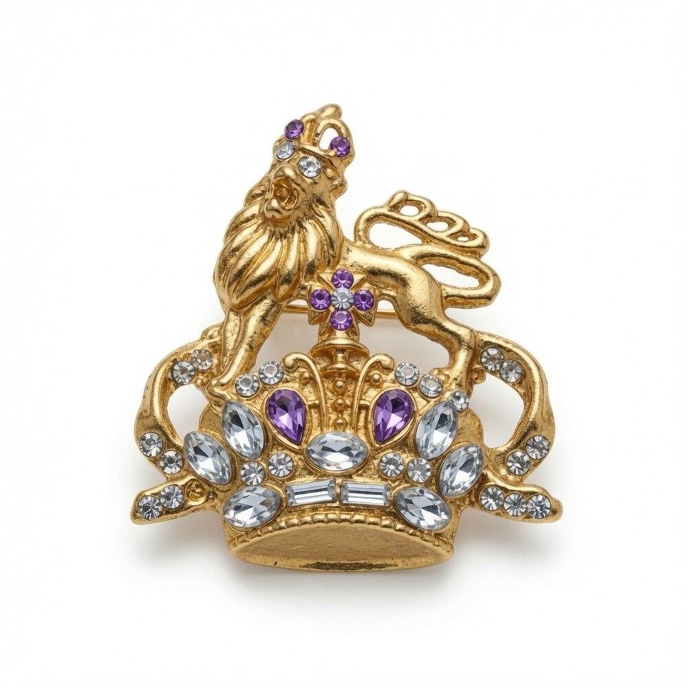 Vintage TBN Prayer Line Lion Crown Rhinestone Brooch Gold Tone Pin